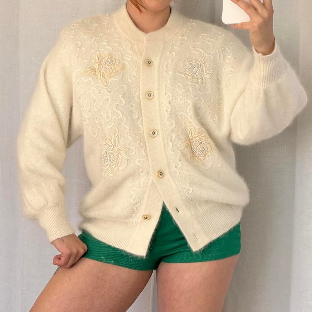 ✿ Vintage Beaded Angora Cardigan ⋆ Bellini Pearl Embroidered Sweater